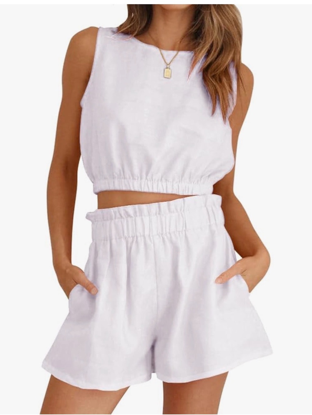 Fancyinn White Elastic Waist Women Shorts Bermudas Set